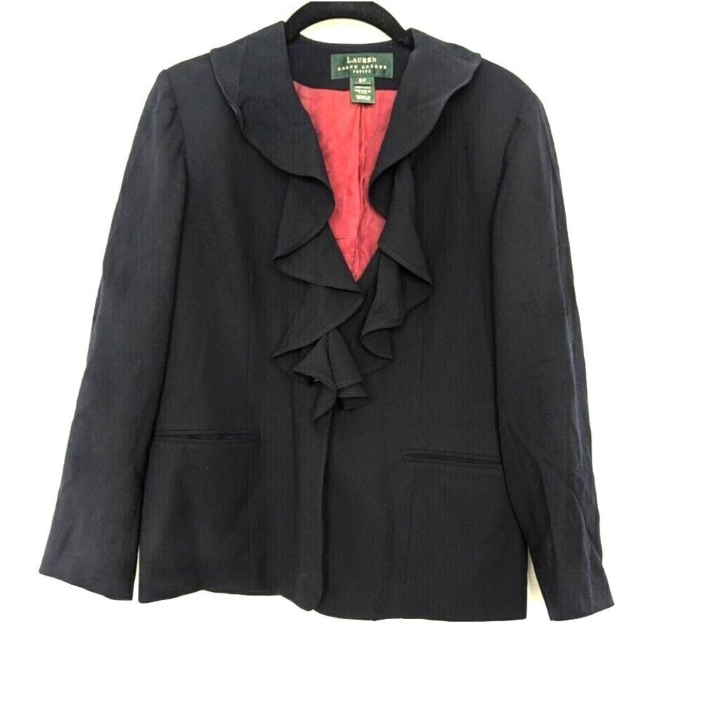 Lauren Ralph Lauren Wool Blazer Womens Size 8P Petite‎ Navy Blue Ruffle Career